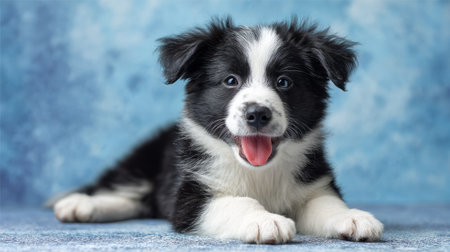 Charming little Border Collie puppy portrait, cheerful smile on blue studio backdrop, new family member pet concept banner, 3D render with textured baseの素材