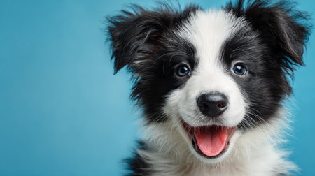 Funny Border Collie puppy portrait, fluffy fur and smiling face, blue background banner, concept of new family member pet, 3D render with a textured baseの素材