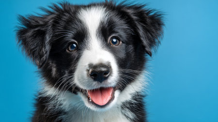 Charming little Border Collie puppy portrait, cheerful smile on blue studio backdrop, new family member pet concept banner, 3D render with textured baseの素材