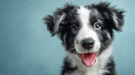 Cute fluffy Border Collie puppy portrait, smiling face against soft blue backdrop, family pet and animal care banner, 3D render with textured baseの素材