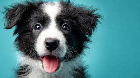 Funny Border Collie puppy portrait, fluffy fur and smiling face, blue background banner, concept of new family member pet, 3D render with a textured baseの素材