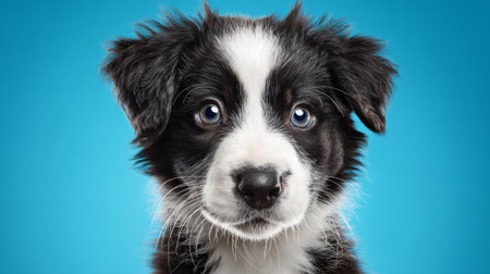 Adorable black and white Border Collie puppy portrait, isolated on bright blue background, happy family dog banner, 3D render with textured baseの素材