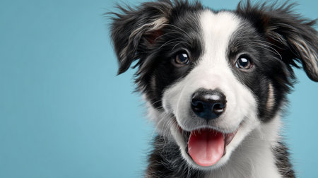 Cute little Border Collie puppy portrait, tongue out with happy expression, isolated on blue backdrop, pet adoption banner, 3D render with textured baseの素材