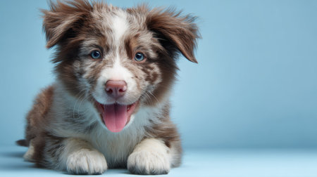 Cute fluffy Border Collie puppy portrait, smiling face against soft blue backdrop, family pet and animal care banner, 3D render with textured baseの素材
