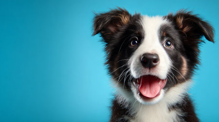 Sweet smiling Border Collie puppy isolated on bright blue backdrop, looking up for reward, pet care and animals advertising banner, 3D render with textured baseの素材