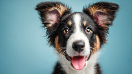 Funny studio portrait of Border Collie puppy, ears alert, tongue out, smiling on clean blue background, banner for pet care, 3D render with textured baseの素材