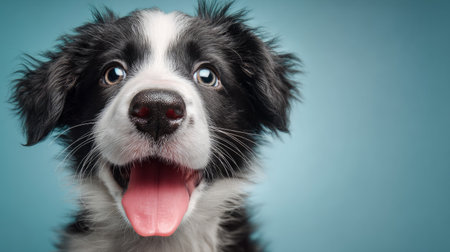 Happy little Border Collie puppy looking up with playful eyes, tongue out, isolated on soft blue backdrop, family pet concept banner, 3D render with a textured baseの素材
