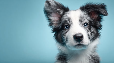 Cute fluffy Border Collie puppy portrait, smiling face against soft blue backdrop, family pet and animal care banner, 3D render with textured baseの素材