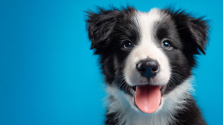 Playful Border Collie puppy portrait isolated on vivid blue background, joyful family pet advertising banner, 3D render with textured baseの素材