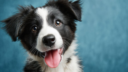 Studio shot of happy Border Collie puppy gazing at camera, tongue out playfully, blue background, family pet banner, 3D render with textured baseの素材