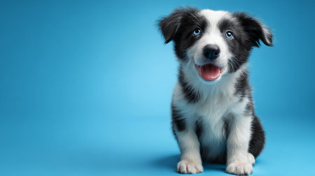 Funny happy Border Collie puppy looking up with sparkle in eyes, sitting on blue studio background, pet animals concept banner, 3D render with a textured baseの素材