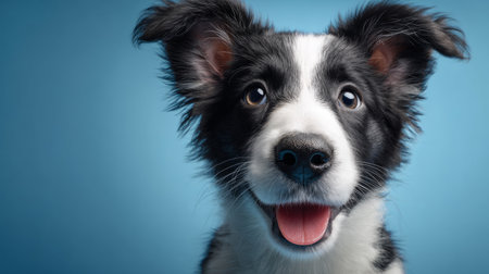 Adorable studio portrait of Border Collie puppy smiling, ears perked, isolated on blue, animals and family pet concept, banner, 3D render with a textured baseの素材