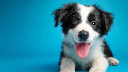 Playful Border Collie puppy portrait isolated on vivid blue background, joyful family pet advertising banner, 3D render with textured baseの素材