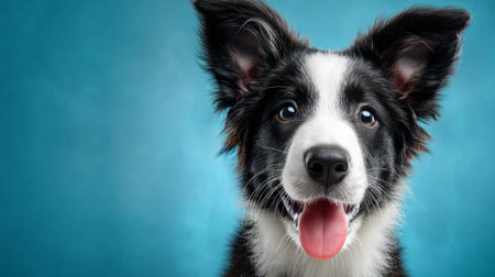 Funny studio portrait of Border Collie puppy, ears alert, tongue out, smiling on clean blue background, banner for pet care, 3D render with textured baseの素材