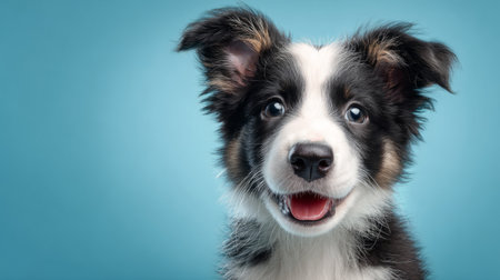 Smiling Border Collie puppy with perked ears and fluffy fur, gazing curiously, blue background, animal care banner, 3D render with a textured baseの素材
