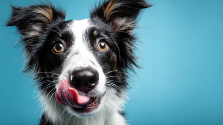 Studio shot of happy Border Collie puppy gazing at camera, tongue out playfully, blue background, family pet banner, 3D render with textured baseの素材