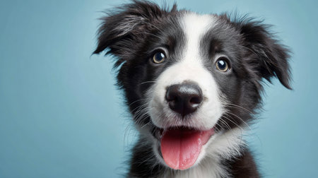 Playful Border Collie puppy looking up happily on light blue studio backdrop, cheerful family dog vibe, pet care banner, 3D render with textured baseの素材