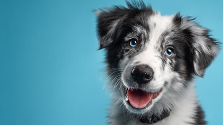 Sweet smiling Border Collie puppy isolated on bright blue backdrop, looking up for reward, pet care and animals advertising banner, 3D render with textured baseの素材
