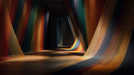 Artistic textile installation with colorful threads illuminated by spotlights, exhibition room filled with shadows, 3D render with a textured baseの素材