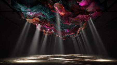 Artistic textile installation hung from ceiling, illuminated by vibrant spotlight beams, immersive gallery scene, 3D render with textured baseの素材
