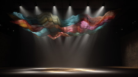 Artistic textile installation hung from ceiling, illuminated by vibrant spotlight beams, immersive gallery scene, 3D render with textured baseの素材