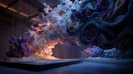 Contemporary textile installation art piece displayed in gallery, illuminated by soft colored lights, intricate details emphasized, 3D render with a textured baseの素材
