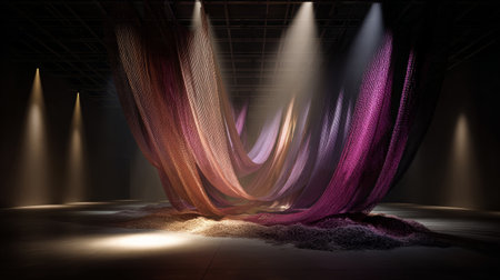 Artistic textile installation hung from ceiling, illuminated by vibrant spotlight beams, immersive gallery scene, 3D render with textured baseの素材