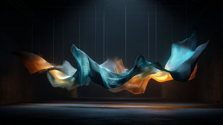 Abstract textile art suspended midair, glowing with innovative lighting design in dark gallery space, 3D render with a textured baseの素材