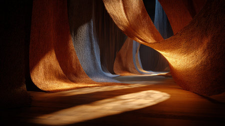 Textured textile installation glowing under dynamic lighting setup, fabric shadows stretching across walls, 3D render with textured baseの素材