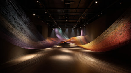 Artistic textile installation with colorful threads illuminated by spotlights, exhibition room filled with shadows, 3D render with a textured baseの素材