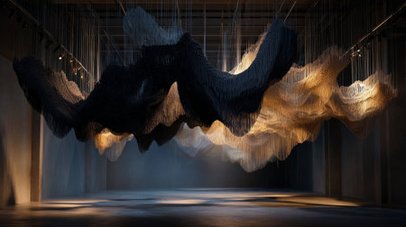 Intricate fabric installation suspended in gallery, unique lighting design creating a dramatic effect, modern textile art, 3D render with textured baseの素材