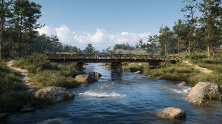 Historic design wooden bridge across flowing river, walking trails weaving alongside banks, timeless countryside scene, peaceful ambiance, 3D renderingの素材