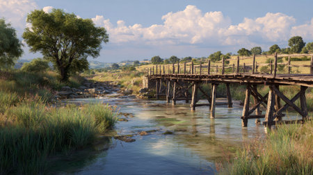 Historic wooden bridge extending across rural river, scenic walking paths nearby, timeless peaceful landscape, countryside charm, 3D renderの素材
