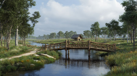Traditional style wooden bridge spanning a gentle river, scenic walking paths along both banks, peaceful countryside atmosphere, 3D render conceptの素材