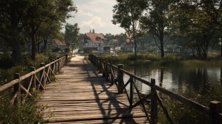 Old-fashioned wooden bridge crossing wide river, walking paths shaded by trees, tranquil rural setting, historic architecture detail, 3D renderingの素材