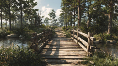 Traditional rustic wooden bridge crossing over river, scenic pedestrian paths on sides, peaceful countryside inspired design, 3D renderingの素材