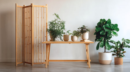 Bright minimalist room showcasing folding wooden screen, clean-lined table, and potted plants positioned near white wall backdropの素材