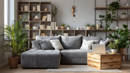 Comfortable interior design with sectional sofas, decorative chest drawer, laptop on table, houseplants and shelving unitsの素材