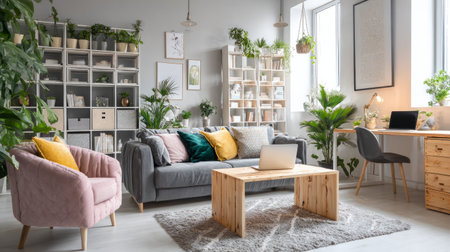 Bright living room interior, sofas arranged around table with laptop, shelving units and chest drawer decorated with plantの素材
