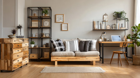 Comfortable minimalist living room design with sofa seating, chest drawer, shelving units and laptop workspace tableの素材