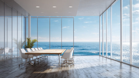 Bright meeting room with minimalistic furniture, ocean backdrop through tall glass walls, natural light enhancing calm toneの素材