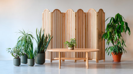 Contemporary room with wooden folding screen, simple wooden table, and green plants arranged neatly by smooth white wall backgroundの素材