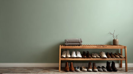 Contemporary hallway corner with wooden shoe rack, women shoes neatly arranged, muted green wall creating calm backgroundの素材