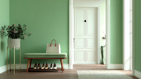 Contemporary home entryway with women shoes placed on stand, elegant green wall adding freshness to hallway designの素材