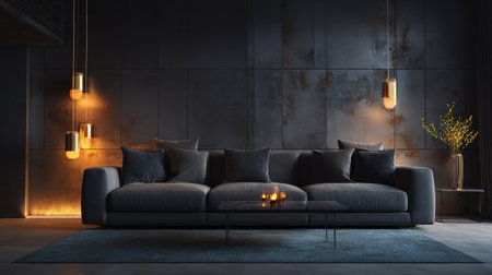 Contemporary dark living room illuminated by warm lamps, stylish grey sofa and minimal table adding comfort and eleganceの素材