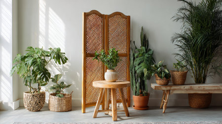 Cozy and bright space with wooden screen panel, decorative table, and thriving houseplants near minimalist white wallの素材