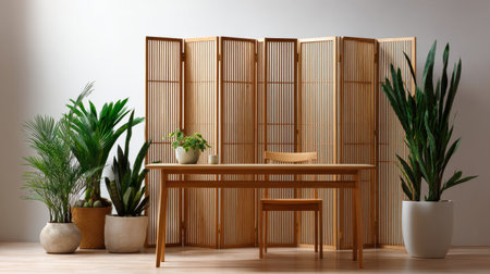 Contemporary room with wooden folding screen, simple wooden table, and green plants arranged neatly by smooth white wall backgroundの素材
