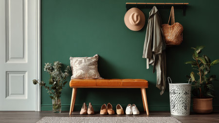 Cozy hallway with decorative stand for women shoes, green painted wall adding stylish contrast to interior c854f371c307の素材