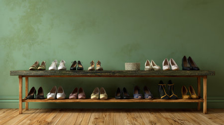 Decorative hallway setup with women footwear displayed on wooden rack, soothing green wall backdropの素材