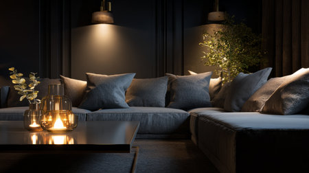Elegant grey sofa in dark living room, glowing lamps casting reflections on sleek table, creating cozy nighttime vibeの素材